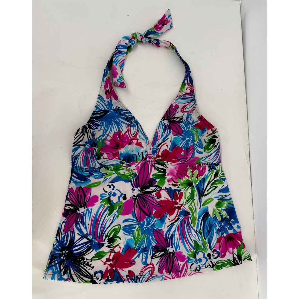 Fit 4 U Womens Floral Halter Tankini Swim Top Multicolor‎ V-Neck Sz 12